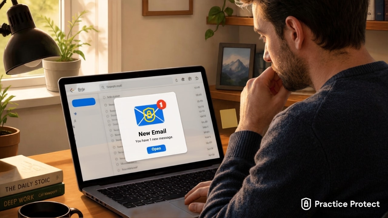 A man avoiding to open an email to avoid any phishing showing how the human firewall works